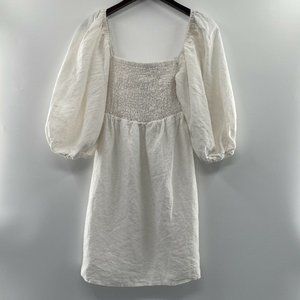 Tuckernuck Women's Annie Smocked Mini Dress Linen Puff Sleeve White sz S NEW